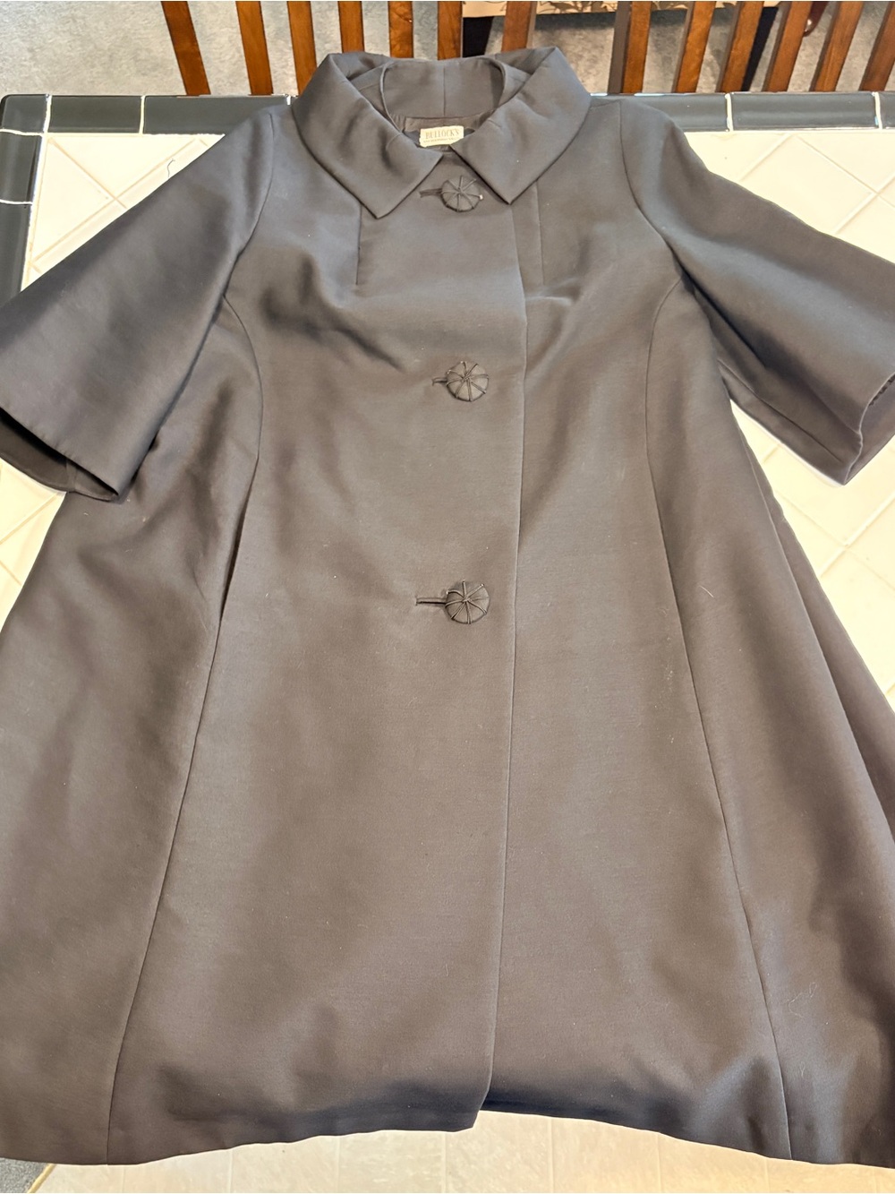 Vintage Wool Black Swing Coat with Decorative Fabric Buttons